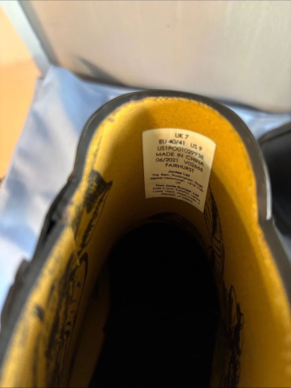 Joules Black Chelsea-Style Rain Boots with Yellow Pattern Lining